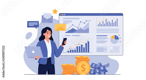 Successful female entrepreneur managing financial investments and analyzing business data on multiple digital mobile devices.