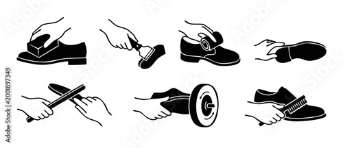 Shoe Repair Icons Set, Professional Leather Footwear Maintenance and Restoration Process Symbols, Black and White Graphic Illustration for Cobbler Workshop Manuals and Service Guides