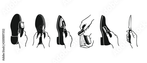 Shoe Repair Icons Set Manual Crafting Process Footwear Restoration Steps Linear Black Style Vector Illustration for Cobbler Workshop Maintenance and Leather Care Procedures isolated on white backgroun