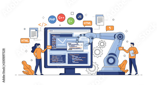 Industrial robotic arm helping software developers with coding tasks and web interface design in a high-tech lab environment.