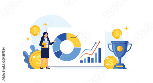 Business leader presenting successful financial results with a trophy and gold coins representing high profit and achievement.