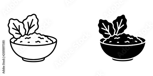 Guacamole in a bowl with leaves line icon and glyph icon food vector illustration set isolated on white background.