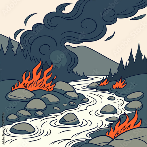 Wildfire on river banks with smoke plume forest fire climate change wildfire disaster environment mountains conifers landscape wilderness destruction pollution emergency natural disaster