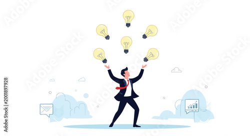 Talented businessman skillfully juggling multiple brilliant ideas and innovative solutions for business development.