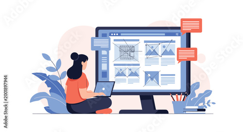Creative web designer developing a new site layout on a large monitor while communicating through various message bubbles.