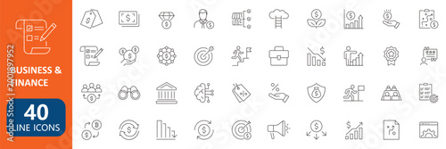 Modern business finance line icons set minimal outline banking analytics marketing symbols collection