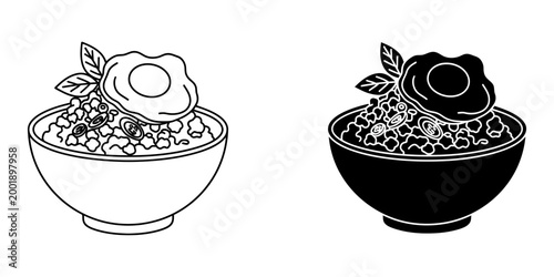 Thai food icons set features bowl of rice with fried egg and basil bowl of papaya salad dish with mortar plate of rice and curry serving plus bowl of hot chicken soup with mushroom and bowl of soup.