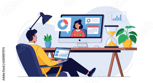 Professional man working in a comfortable home office and discussing business data with a colleague over a video call.