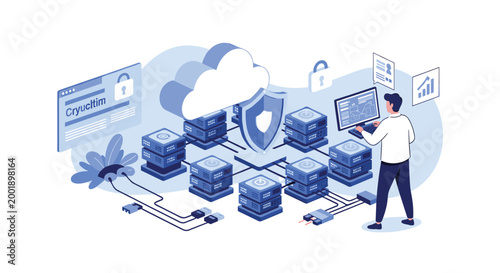 IT professional overseeing a secure and interconnected cloud server network protected by advanced digital firewalls.