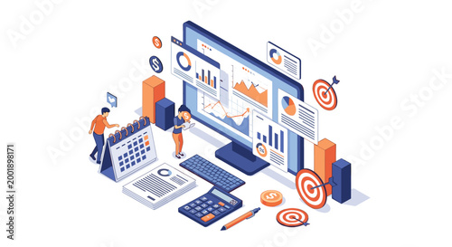 Team of business experts analyzing financial performance and market trends using advanced data visualization tools.