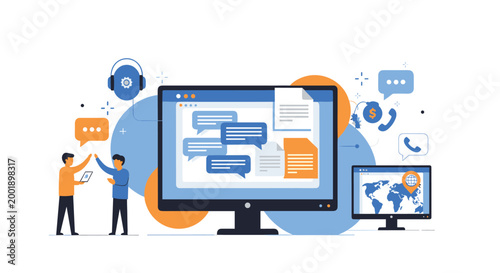 Team of professionals collaborates on global communication through an interactive digital platform with chat bubbles and world map icons.