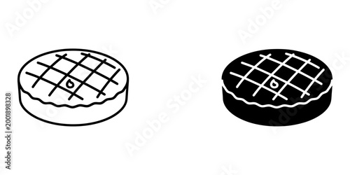 Fruit pie icon collection featuring lattice crust design in linear and silhouette styles for bakery shops pastry shop menus homemade dessert branding and festive holiday food cooking illustrations.