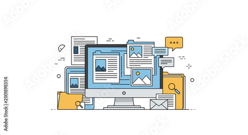 Digital file organization system displays various documents and folders on a computer screen for efficient data management and storage.