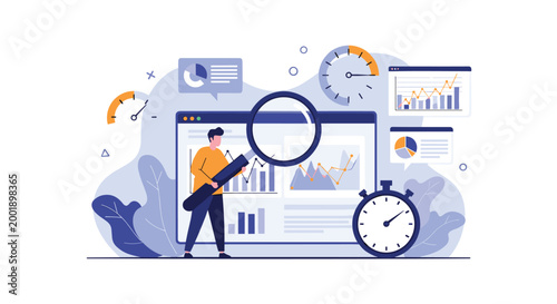 Business analyst uses a large magnifying glass to inspect financial growth charts and performance metrics on a digital dashboard screen.