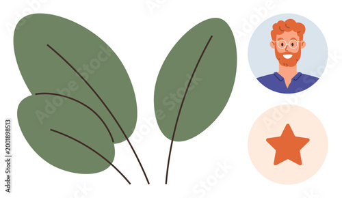 Nature, eco-projects, personal branding, icons, recognition, and creativity. Green leaves, a man with a beard icon and a star. Nature and personal branding concept