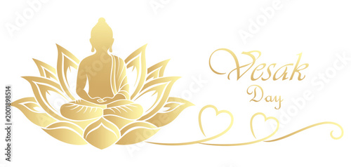 Vector illustration of a golden silhouette of a Buddha statue with the greeting "Vesak Day"