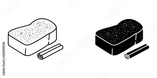Cinnamon toast slice with spice sticks line art and solid silhouette icons set for breakfast cafe menu bakery branding or home cooking blog black and white food design isolated on white background.