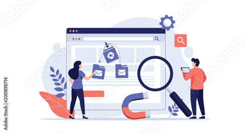 Marketing team uses search tools and lead generation magnets to organize and analyze customer data within a digital platform.