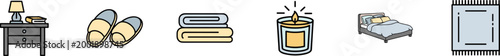 Vector icon set of bedroom and sleeping furniture and accessories.