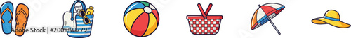 Vector icon set of summer beach day essentials and seaside vacation items.