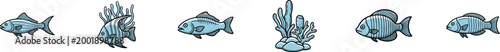 Collection of vector icons featuring various blue fish and coral.