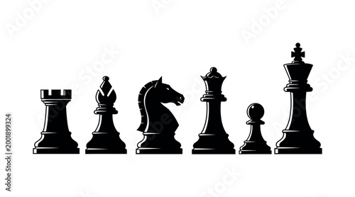Schilderij op canvas Black chess pieces arrangement rook bishop knight queen king