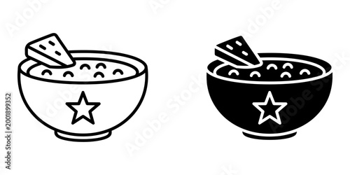Stylized icon of a soup bowl featuring a star emblem and a triangular crouton garnish, available in both clean line art and bold black solid fill versions.
