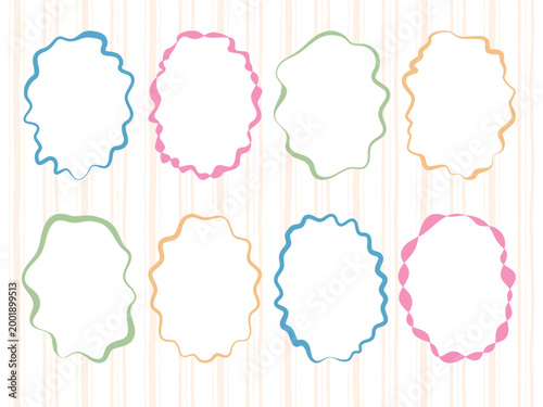 Minimal retro hand drawn ellipse frames with fluid wavy contours. Abstract organic shapes in colored outline. Perfect for vintage label design, playful kids stickers, poster, card, social media