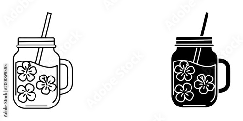 Set of refreshing fruit infused water in mason jar with straw and flower decor in linear and silhouette style vector illustration isolated on white for summer lemonade menu or organic juice graphics.