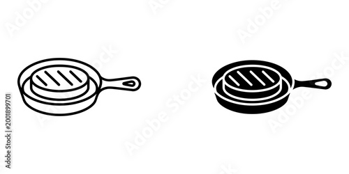 Skillet pan with grilled meat steak icon set in outline and solid style isolated on white background for restaurant menu layout or kitchen utensil graphic design element for food cooking illustration.