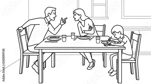 Family argument at dinner table, sad child, illustration