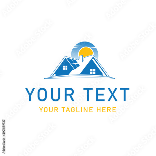 Customizable house, mountain, sun logo template, blue and yellow vector design
