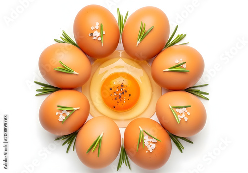 Farm Fresh Brown Eggs with Raw Yolk on White Background