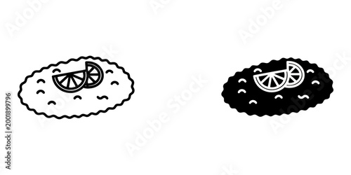 Deep fried fritter or cutlet with lemon slices icon set in line art and solid style isolated on white background for food menu card design or restaurant culinary project concept with vector graphic.