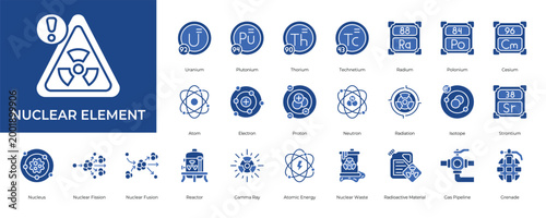 Nuclear Element Icon set Collection in Glyph Two Color Style. uranium, energy, radiation, neutron, proton, electron, atom,