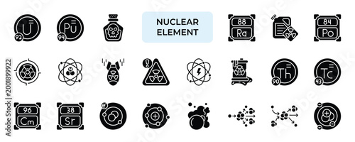 Nuclear Element Icon set Collection in Solid Glyph Style. uranium, energy, radiation, neutron, proton, electron, atom,