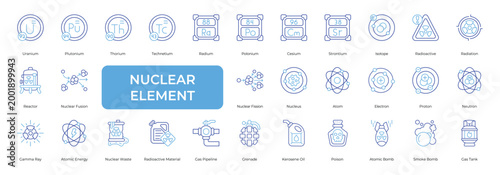 Nuclear Element Icon set Collection in Line Two Color Style. uranium, energy, radiation, neutron, proton, electron, atom,