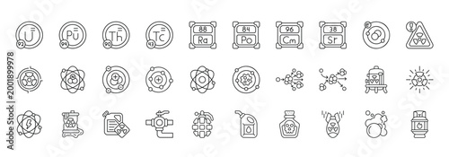 Nuclear Element Icon set Collection in Line Style. uranium, energy, radiation, neutron, proton, electron, atom,
