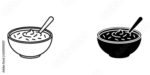 Bowl of cereal with milk and spoon icon set in outline and solid glyph styles for breakfast menu design dairy product vector food illustration morning healthy eating kitchen bowl graphic symbols.