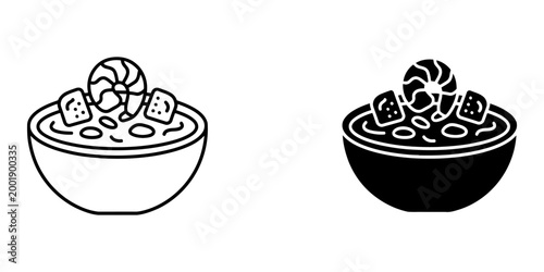 Shrimp and croutons meal line icon and glyph icon, food and drink, shrimp soup vector graphics, linear pattern and solid pattern, eps 10.