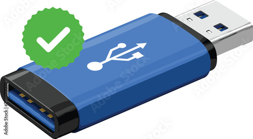 USB Flash Drive Storage Device Illustration with Data Transfer Symbol and Approved Check Mark 