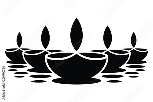 Set of five traditional indian oil lamps or diyas, black silhouette icon