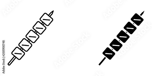 Outline and solid black silhouette of skewer with marshmallows, simple icon graphic, sweet treat element, outdoor cooking food, campfire snack.