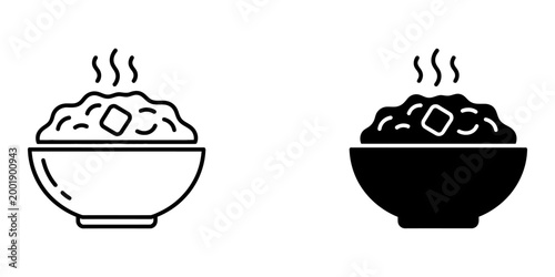 Bowl of hot porridge or oatmeal served with chunks of fruit as healthy breakfast meal for diet menu graphic element in solid black and outlined vector style with steam rising on white background.