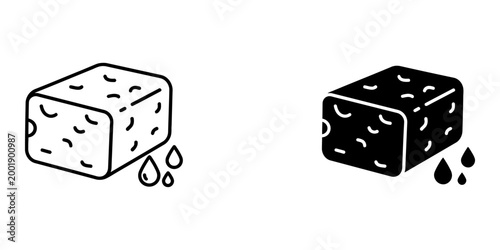 Tempeh block icon set in outline and solid style representing fermented soybean protein source for vegetarian and vegan diets isolated illustration of traditional indonesian staple food product.
