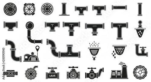 Collection of plumbing pipe fittings and valves icons.