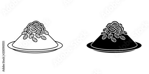 Couscous with toppings icon set in outline and solid style for moroccan traditional meal representation showing grain mound with almonds and noodles on plate for ethnic restaurant menu design.