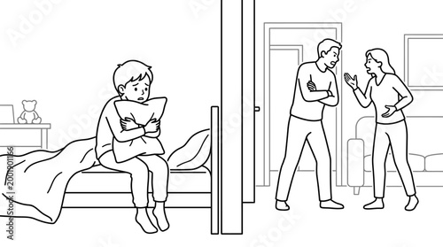 Sad Child Hears Parents Arguing in Bedroom, Family Conflict Illustration