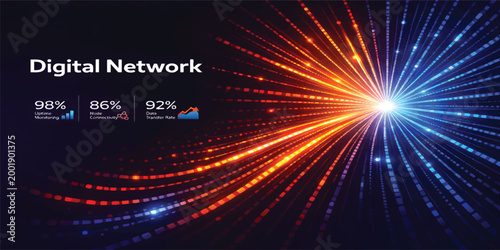 Digital Network Data Flow with High Speed Light Burst, Connectivity Analytics Dashboard, Data Transfer Technology, AI Communication System, Futuristic Blue and Orange Tech Background with Copy Space