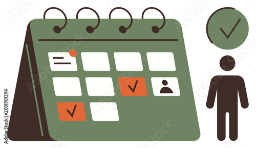 Time management, scheduling, productivity, deadlines, task prioritization, organization. Calendar with checkmarks, user icon and clock. Time management and scheduling concept